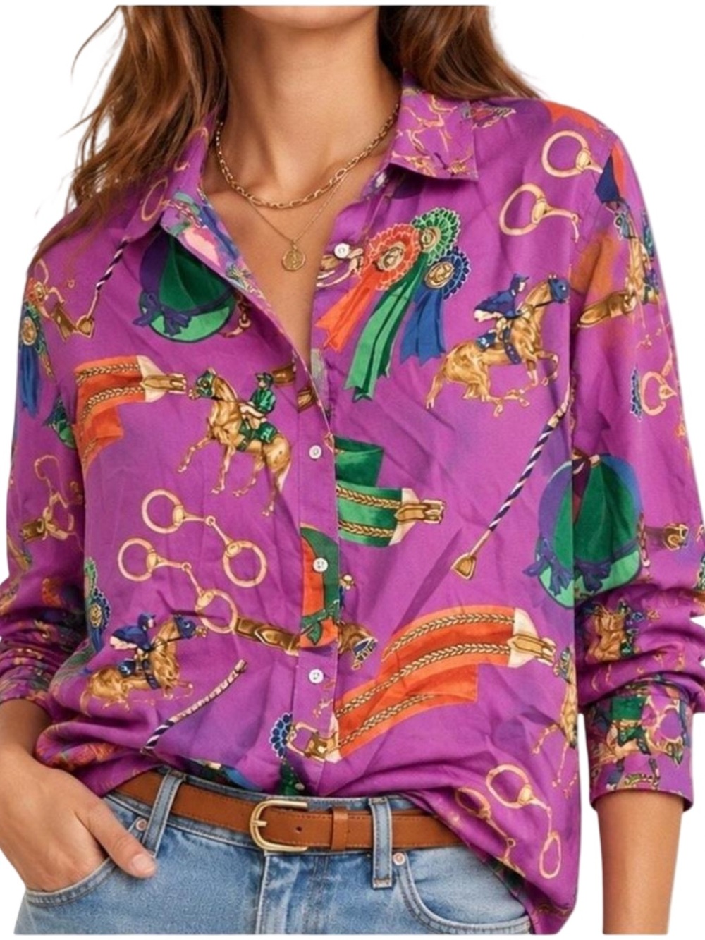 Lauren Ralph Lauren Women’s Size XL Purple Equestrian Print Button Down Shirt